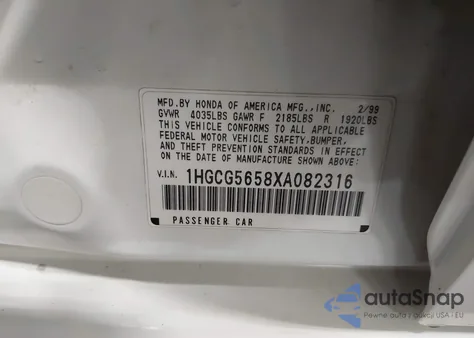 1999 Honda Accord Ex z USA, uszkodzony, nr VIN 1HGCG5658XA082316